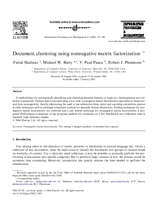 (PDF) Document clustering using nonnegative matrix factorization