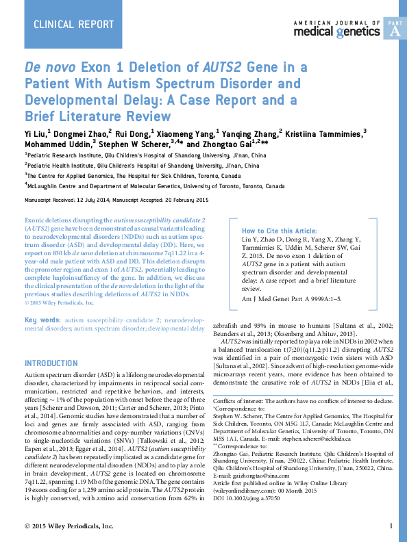(PDF) De novo exon 1 deletion of AUTS2 gene in a patient with autism ...