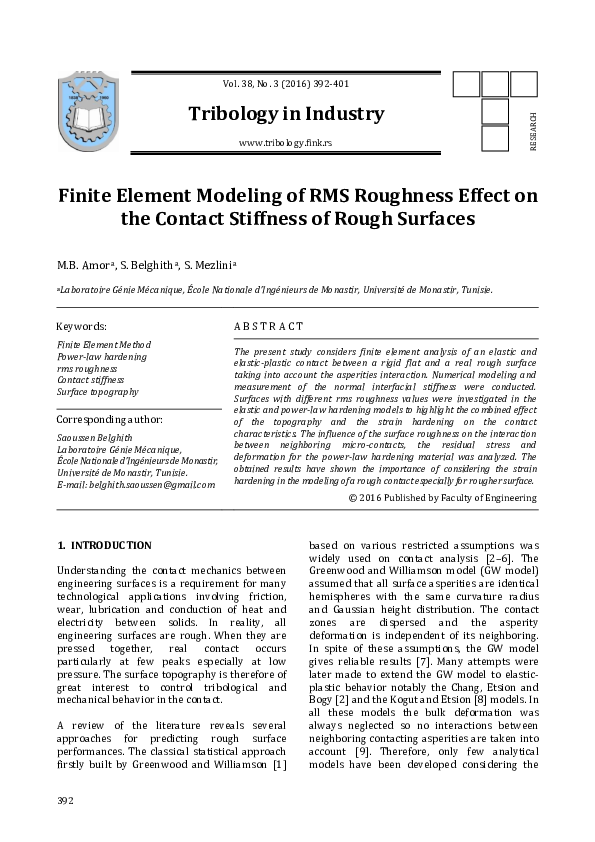 (PDF) Finite Element Modeling of RMS Roughness Effect on the Contact ...