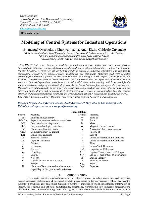 (PDF) Modeling of Control Systems for Industrial Operations