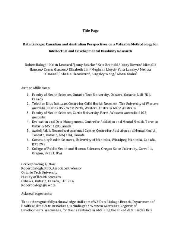 (PDF) Data Linkage Canadian and Australian Perspectives on a Valuable