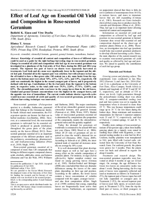 (PDF) Effect of Leaf Age on Essential Oil Yield and Composition in Rose ...