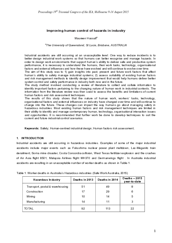 (PDF) Improving human control of hazards in industry