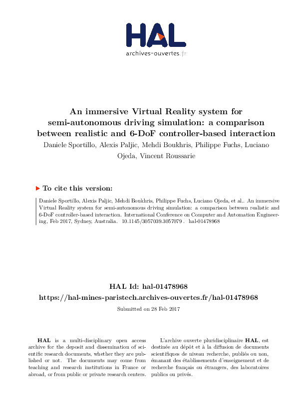 (PDF) An Immersive Virtual Reality System for Semi-autonomous Driving ...