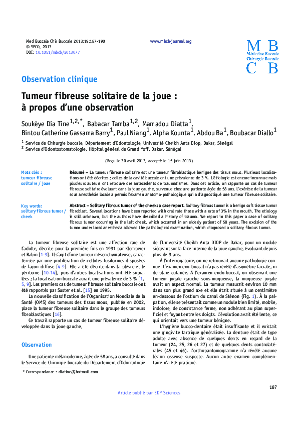 (PDF) Tumeur fibreuse solitaire de la joue : à propos d’une observation ...