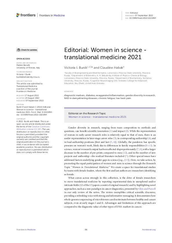 (PDF) Editorial: Women in science - translational medicine 2021