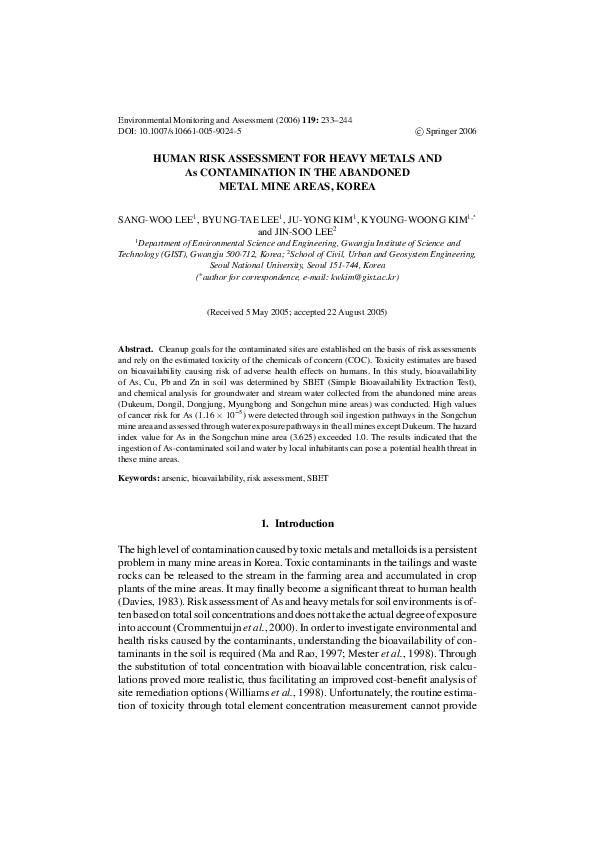 (PDF) Human Risk Assessment for Heavy Metals and as Contamination in ...