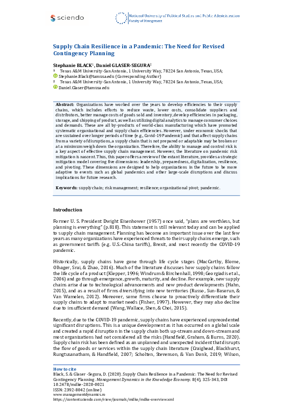 (PDF) Supply Chain Resilience in a Pandemic: The Need for Revised ...