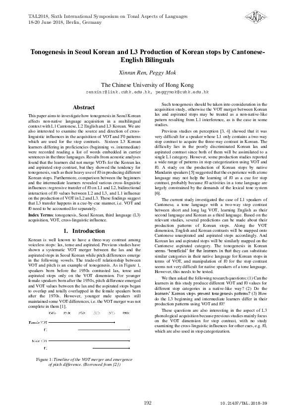 (PDF) Tonogenesis in Seoul Korean and L3 Production of Korean stops by ...