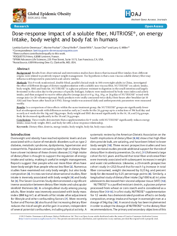 (PDF) Dose-response impact of a soluble fiber, NUTRIOSE®, on energy ...