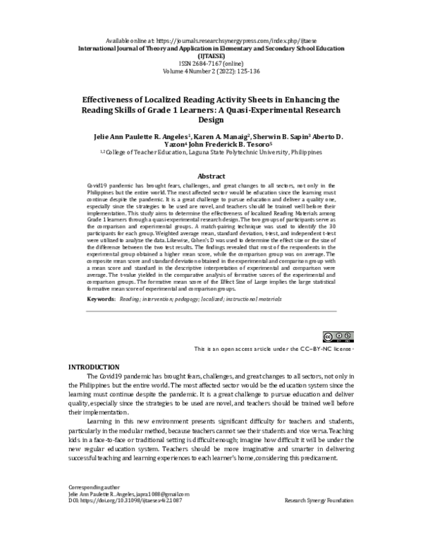 (PDF) Effectiveness of Localized Reading Activity Sheets in Enhancing