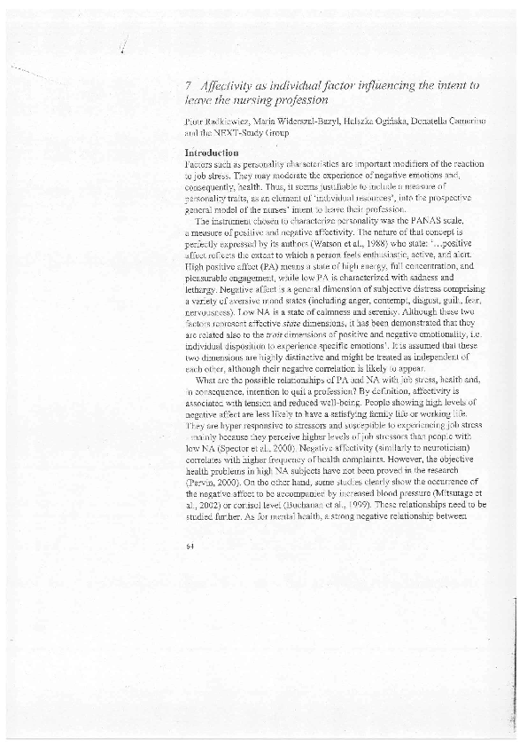 Affectivity as individual factor influencing the intent to leave the nursing profession