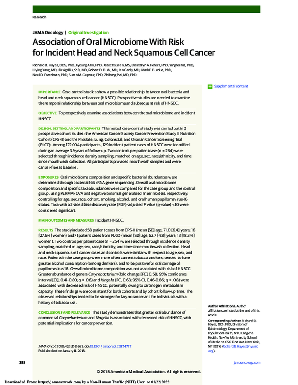(PDF) Association of Oral Microbiome With Risk for Incident Head and ...
