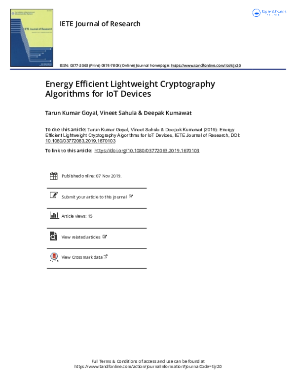 (PDF) Energy Efficient Lightweight Cryptography Algorithms for IoT Devices