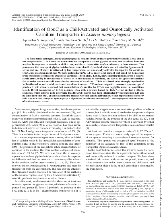 (PDF) Identification of OpuC as a Chill-Activated and Osmotically ...