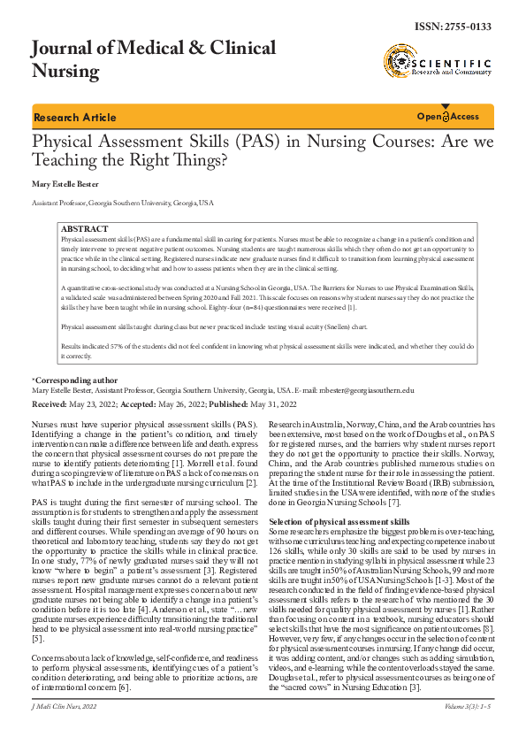 (PDF) Physical Assessment Skills (PAS) in Nursing Courses: Are we ...