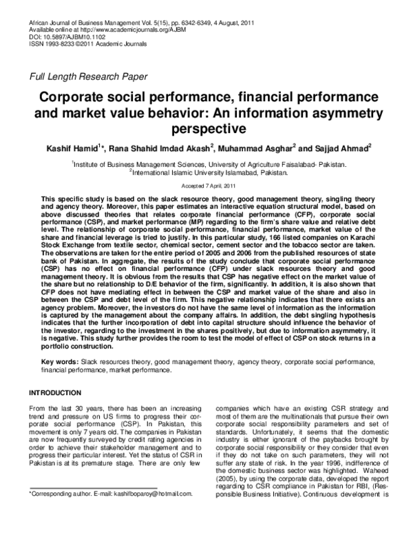(PDF) Corporate social performance, financial performance and market ...