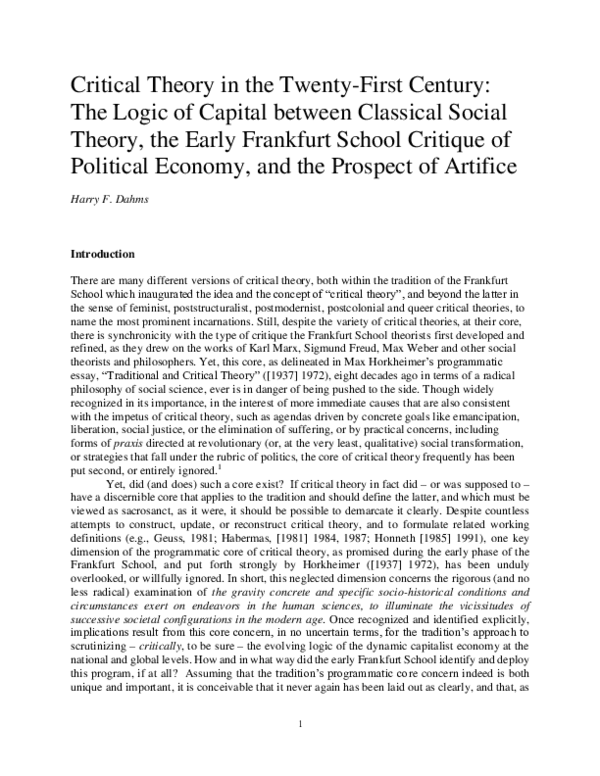 Critical Theory in the Twenty-First Century: The Logic of Capital Between Classical Social Theory, the Early Frankfurt School Critique of Political Economy and the Prospect of Artifice