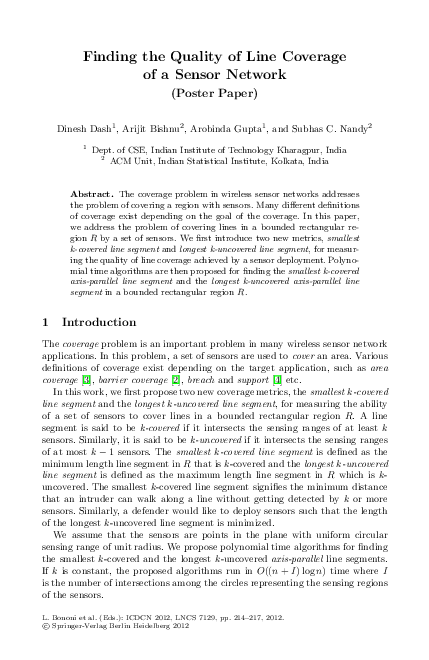 (PDF) Finding the Quality of Line Coverage of a Sensor Network