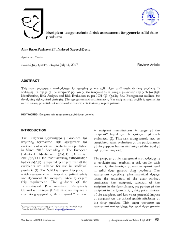(PDF) Excipient usage technical risk assessment for generic solid dose ...