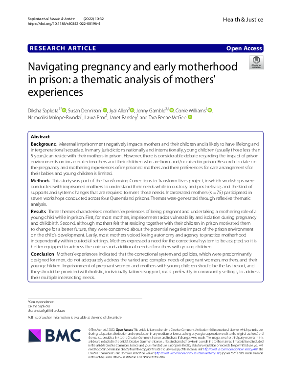 (PDF) Navigating pregnancy and early motherhood in prison: a thematic ...