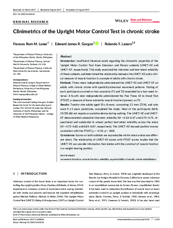 (PDF) Clinimetrics of the Upright Motor Control Test in chronic stroke