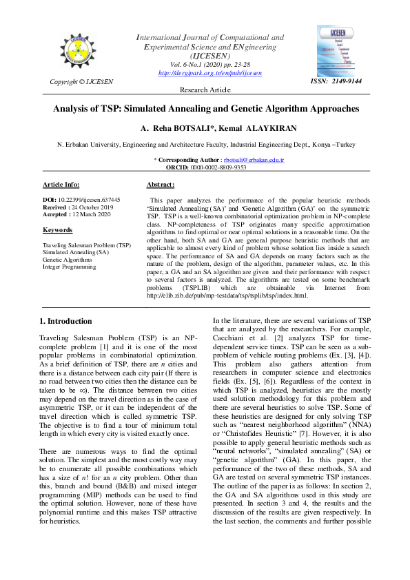(PDF) Analysis of TSP: Simulated Annealing and Genetic Algorithm Approaches