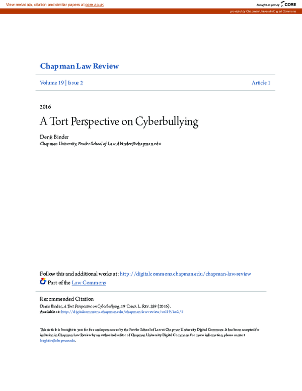 (PDF) A Tort Perspective on Cyberbullying Denis Binder Academia.edu