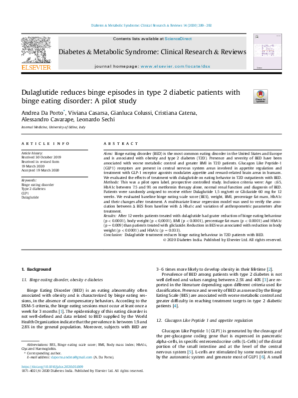 (PDF) Dulaglutide reduces binge episodes in type 2 diabetic patients ...
