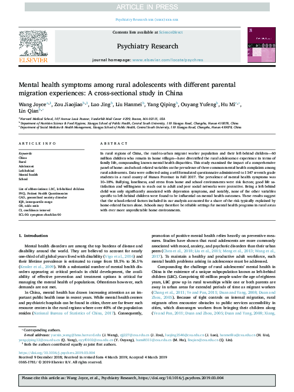 (PDF) Mental health symptoms among rural adolescents with different ...