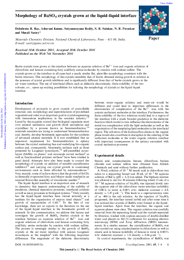 (PDF) Morphology of BaSO4 crystals grown at the liquid?liquid interface