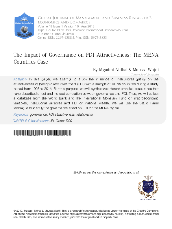 (PDF) The Impact of Governance on FDI Attractiveness: The MENA ...