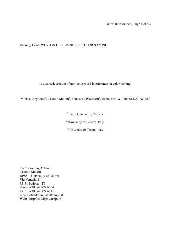 (PDF) WORD INTERFERENCE IN COLOR NAMING A dual task account of non