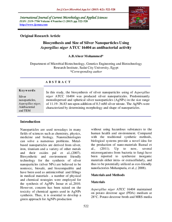 (PDF) Biosynthesis and Size of Silver Nanoparticles Using Aspergillus ...