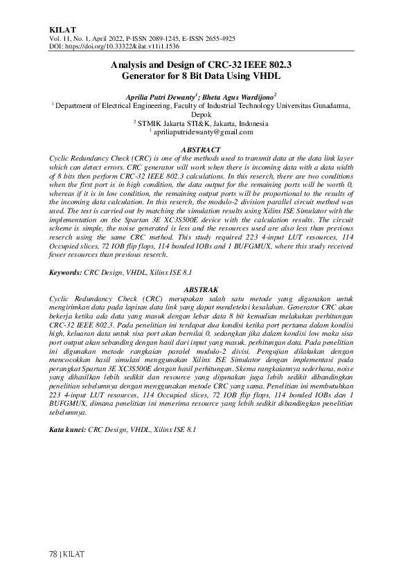(PDF) Analysis and Design of CRC-32 IEEE 802.3 Generator for 8 Bit Data ...
