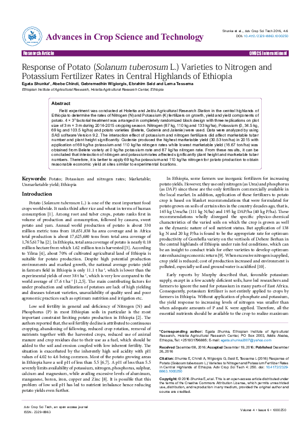 (PDF) Response of Potato (Solanum tuberosum L.) Varieties to Nitrogen ...