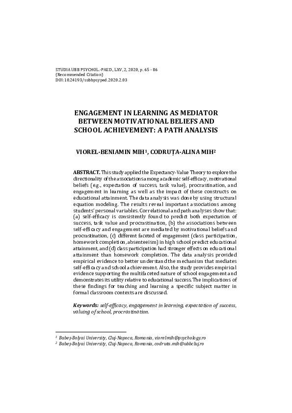 (PDF) Engagement in Learning as Mediator between Motivational Beliefs ...