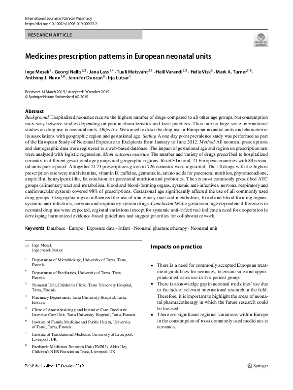 (PDF) Medicines prescription patterns in European neonatal units