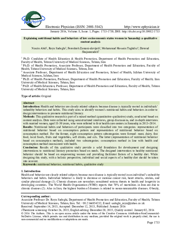 (PDF) Explaining nutritional habits and behaviors of low socioeconomic