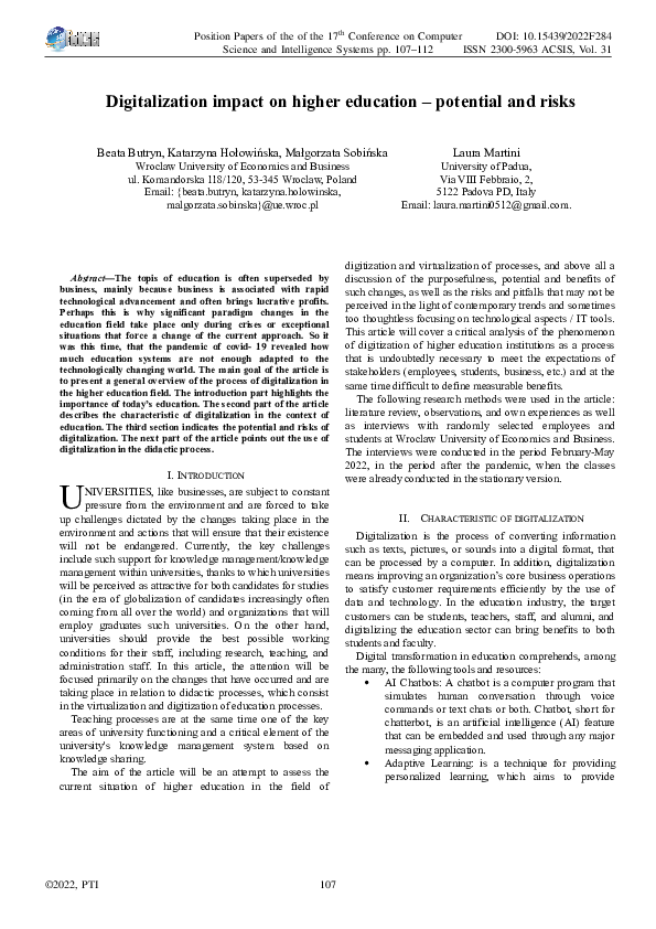 (PDF) Digitalization impact on higher education – potential and risks