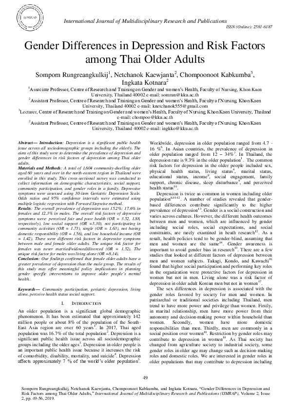(PDF) Gender Differences in Depression and Risk Factors among Thai ...