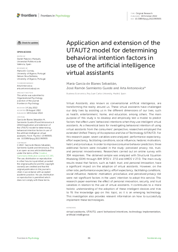 (PDF) Application and extension of the UTAUT2 model for determining behavioral intention factors