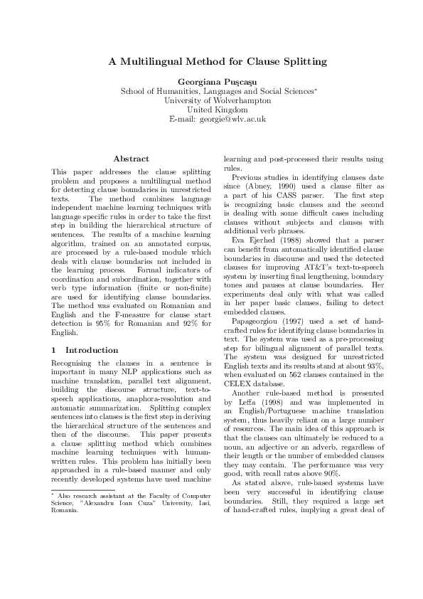 (PDF) A multilingual method for clause splitting