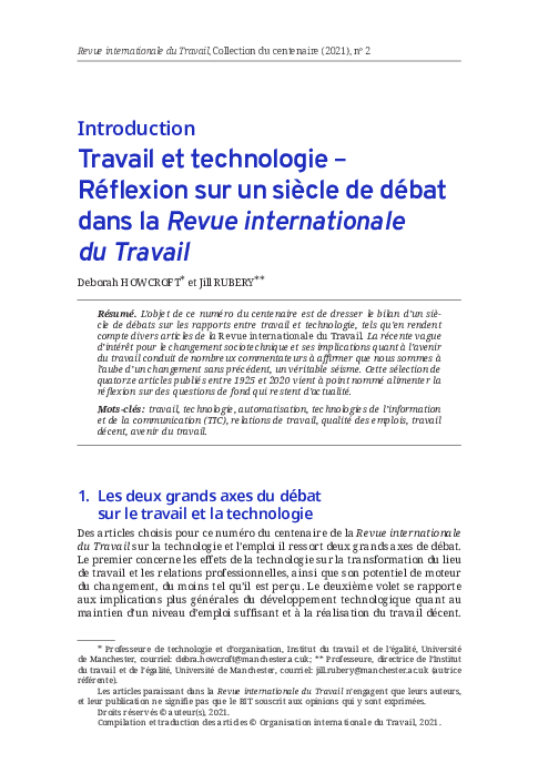 (PDF) Travail et technologie – Réflexion sur un siècle de débat dans la ...