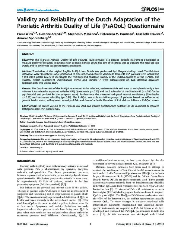 (PDF) Validity and Reliability of the Dutch Adaptation of the Psoriatic ...