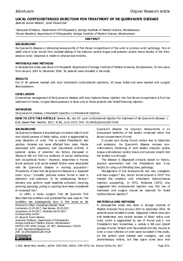 (PDF) Local Corticosteroid Injection for Treatment of De Quervain’s
