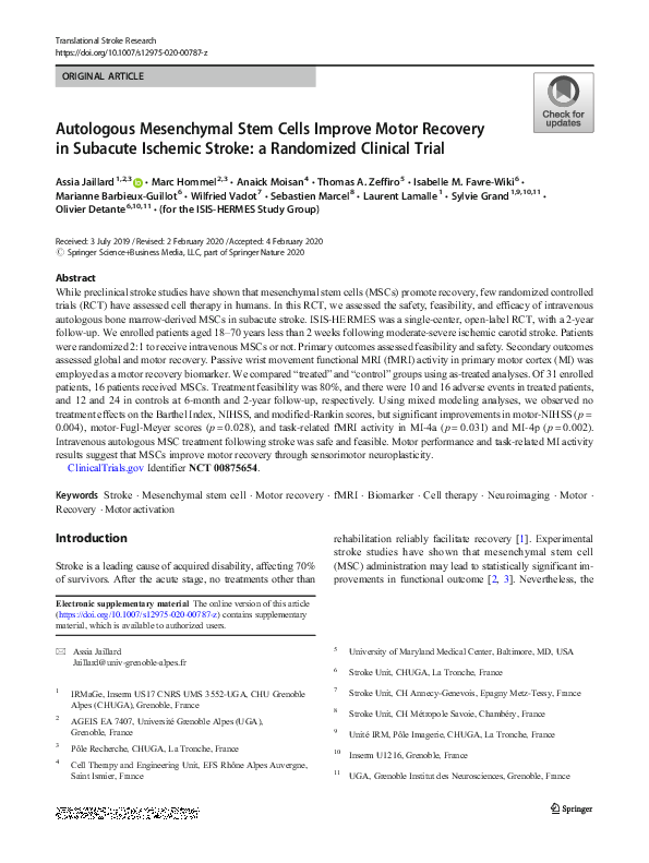 (PDF) Autologous Mesenchymal Stem Cells Improve Motor Recovery in ...