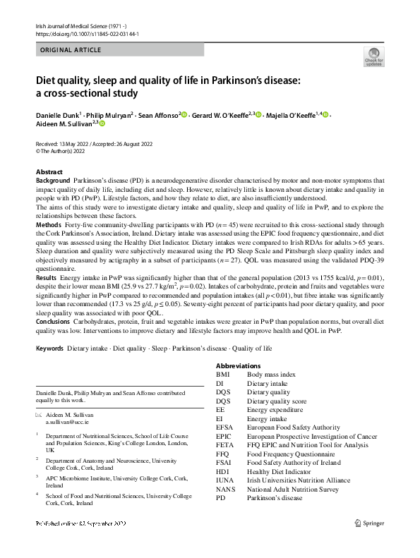 (PDF) Diet quality, sleep and quality of life in Parkinson’s disease: a ...