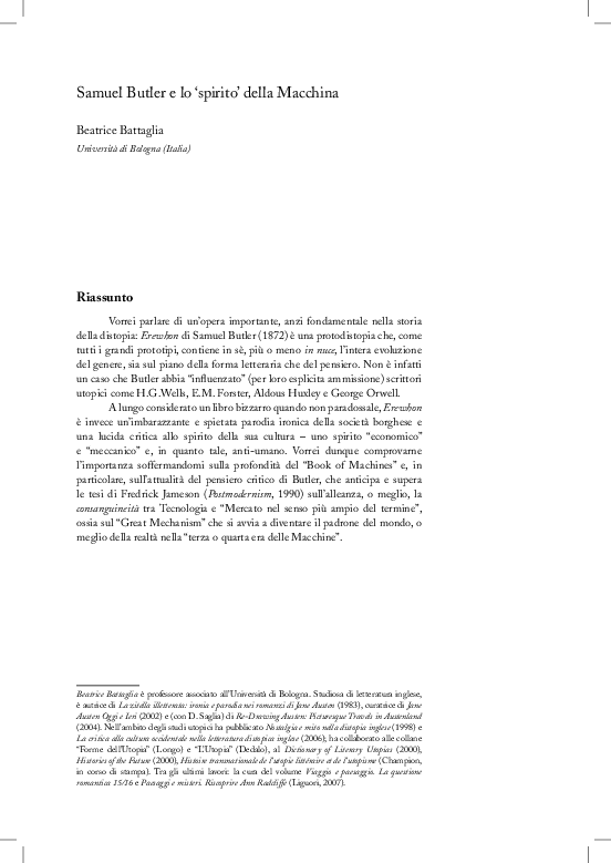 (PDF) Samuel Butler e lo ‘spirito’ della Macchina