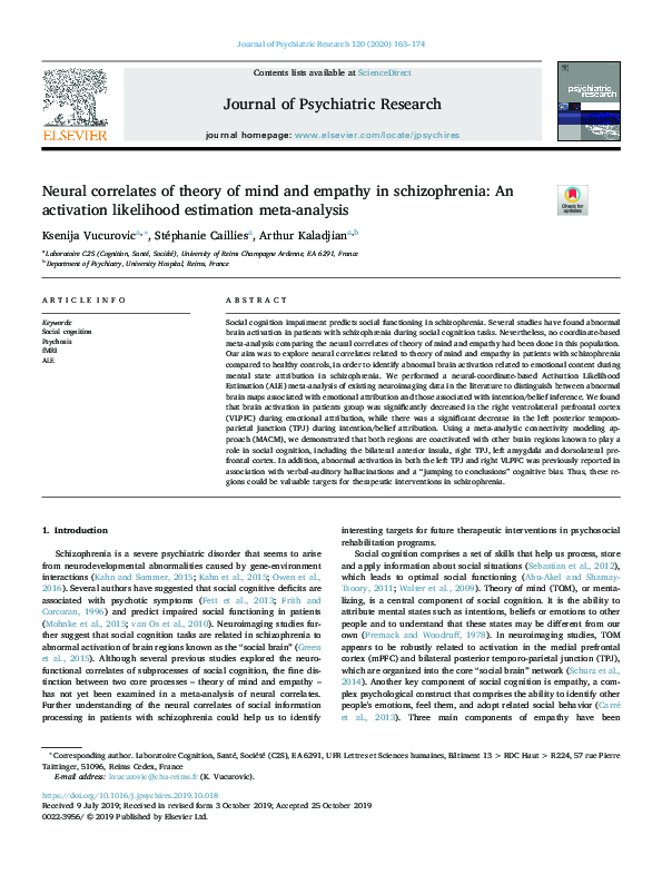 (PDF) Neural correlates of theory of mind and empathy in schizophrenia ...